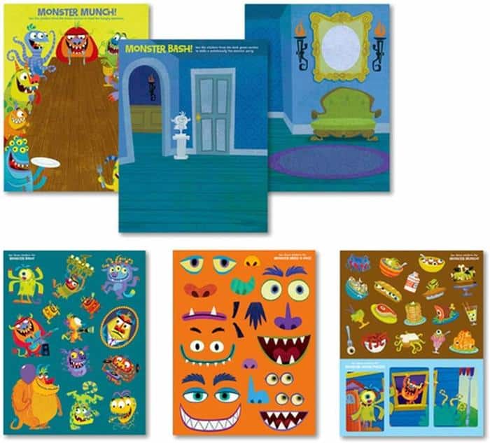 Pages and stickers from peaceable kingdom's monster activity book