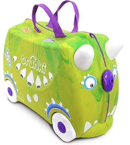 Kids love trunki carry-on cases they can pull or ride on. They make getting thrugh the airport with a preschooler very easy. This one looks like a green monster.