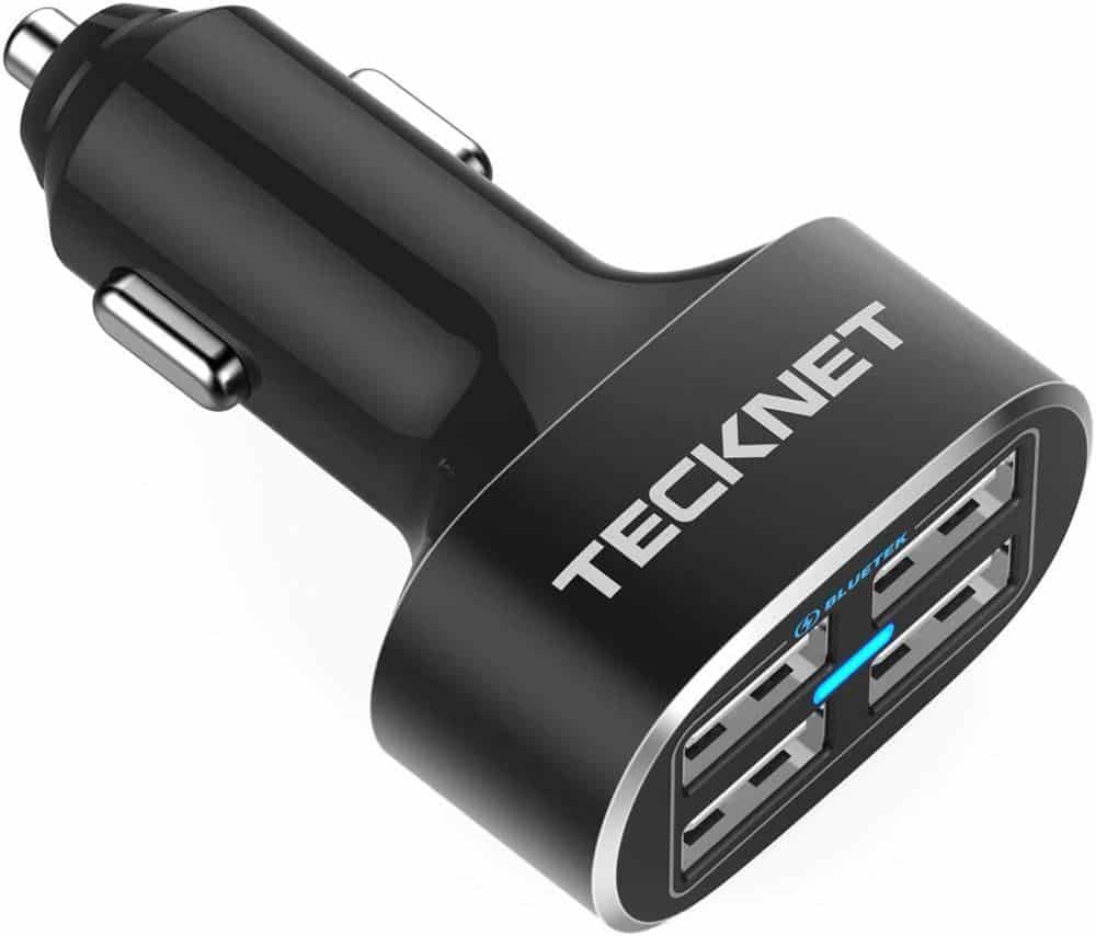 Most cars have one or two usb ports, at most. The teknet charger plugs into your auxiliary outlet and can charge 4 devices, ideal for families.