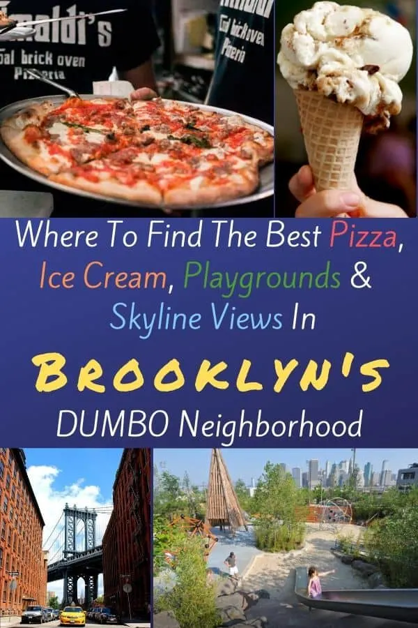 brooklyn's dumbo neighborhood offers climbing walls, cobblestone streets, cool playgrounds and trendy food. here's why your family will want to explore it the next time your in nyc. #brooklyn #dumbo #nyc #restaurants #playgrounds #skyline #views #thingstodo #kids