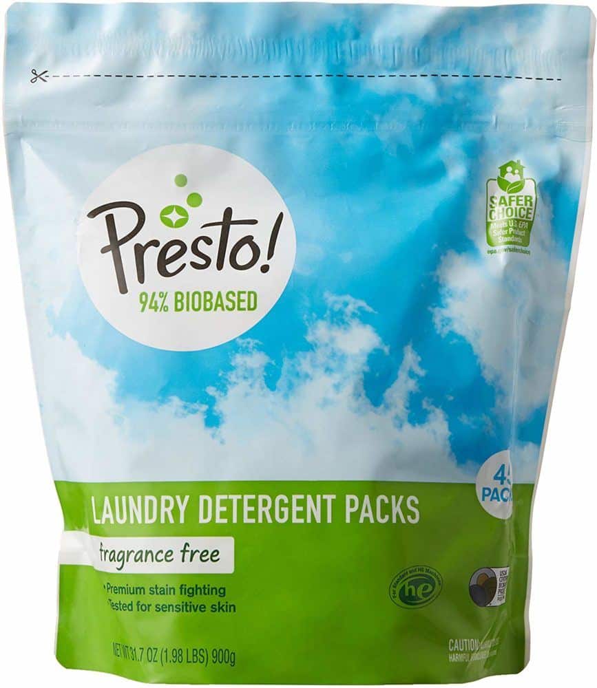 Presto detergent pods are a greener option for travel laundry detergent.