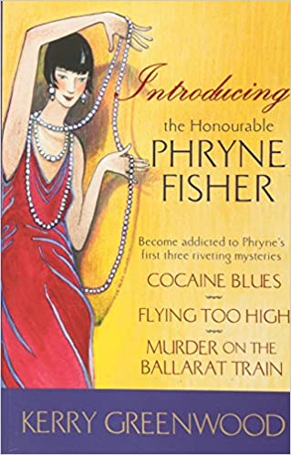 A women with a bob, 1920s dress and pearls on the cover of a phryne fisher mystery book collection.