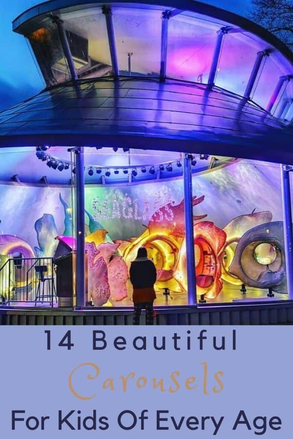 From vintage to modern and all uniquely beautiful. Here are 14 merry-go-rounds to ride with your kids this summer. Some are in theme parks, others pop up in unexpected places. #carousel #merrygoround #vintage #kids #themeparks #museums #summer #fun