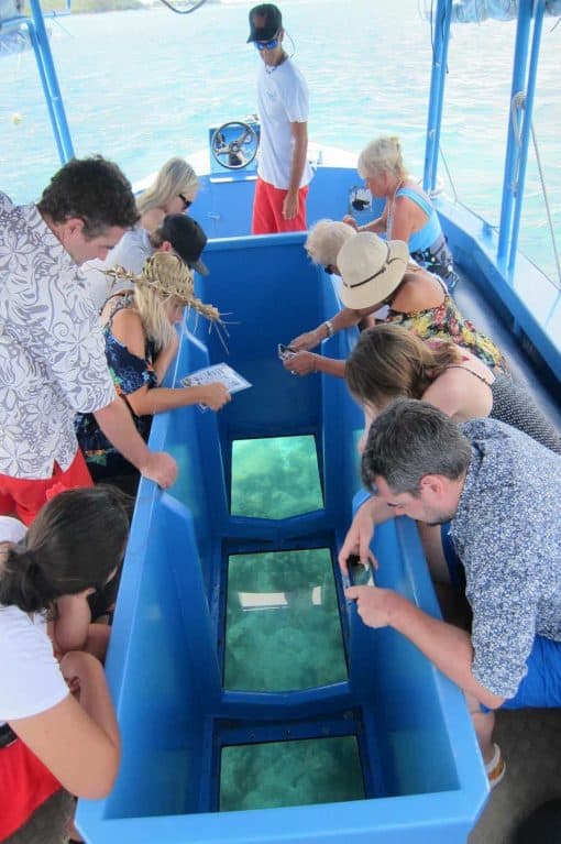 tourist looking through a glass-bottom boat in bora bora.