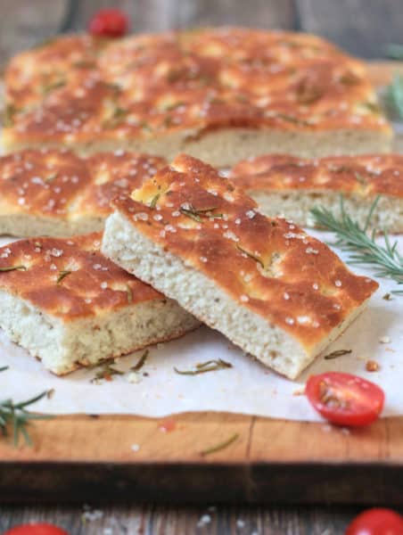 Slices of italian focaccia flavored with sea salt and rosemary