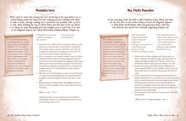 Recipes for pumpkin juice and pancakes from the unofficial harry potter cookbook.