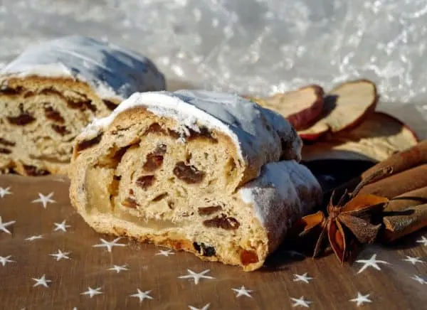 slices of german stollen with a marzipan center.