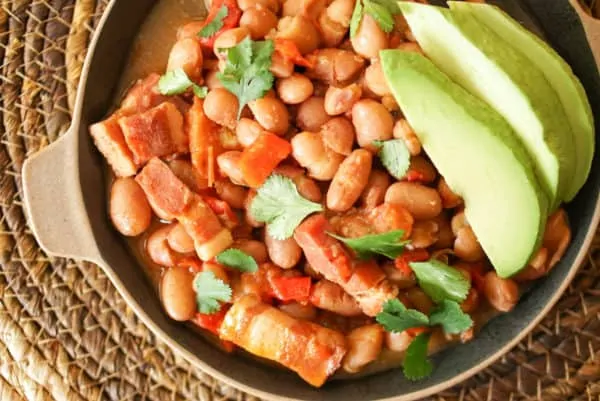 these pinto beans are cooked in dark beer for a rich smoky flavor.