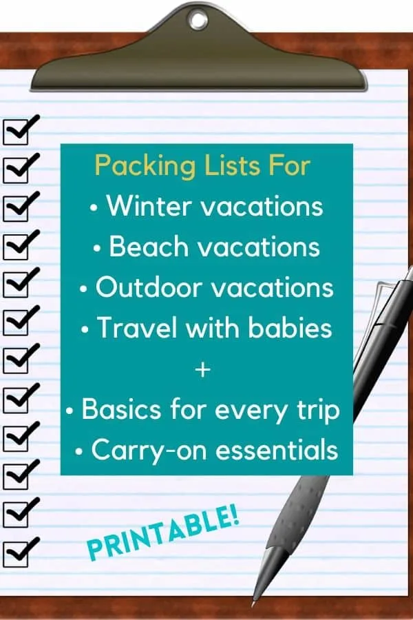 6 packing lists to download and print, all in one place. your basic list for every trip, a carry-on checklist, plus lists for winter, beach and outdoor vacations and for travel with babies or toddlers. #packing #list #help #planning #familytravel #travelwithbaby #travelwithtots #printable #printitout