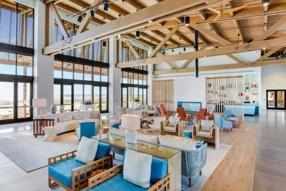 the bright and airy lounge at the lodge at gulf state park.