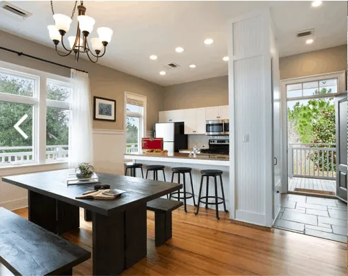 the modern and stylish kitchen and dining area at the eagles nest creek cottages at gulf state park