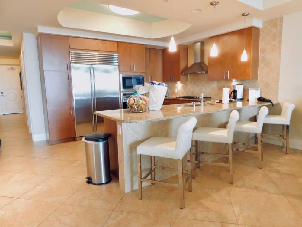 The modern gourmet kitchen in a turqouise place vacation condo.
