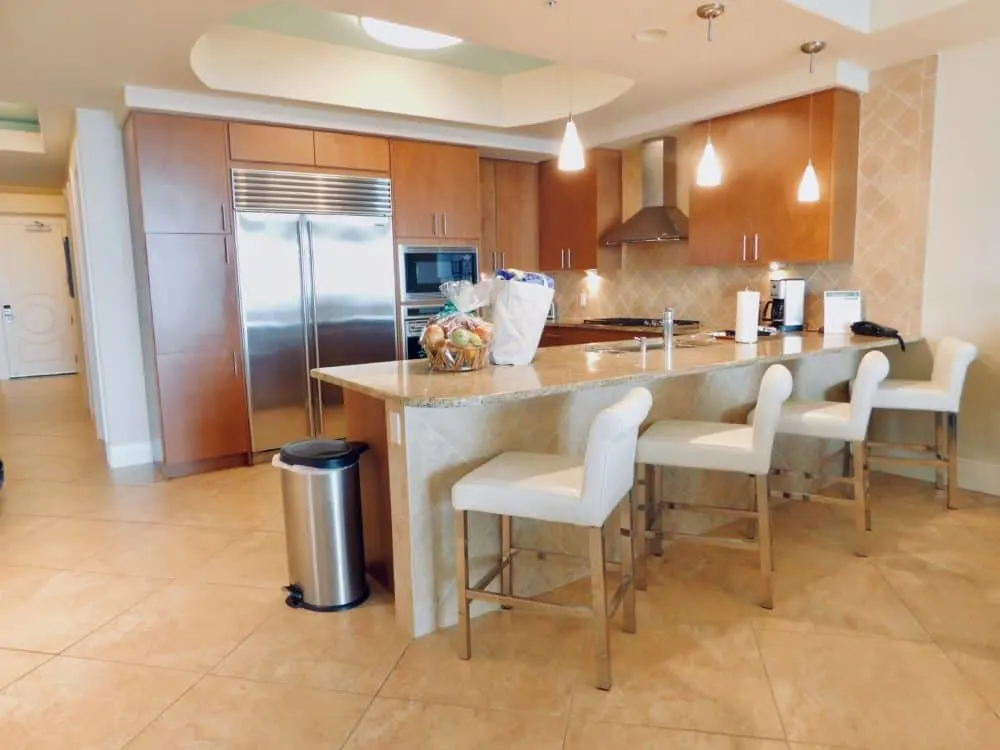 the modern gourmet kitchen in a turqouise place vacation condo.