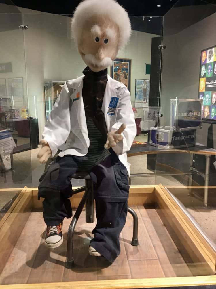 Albert einstein (robot puppet) answers kids' questions about physics at the nuclear science museum