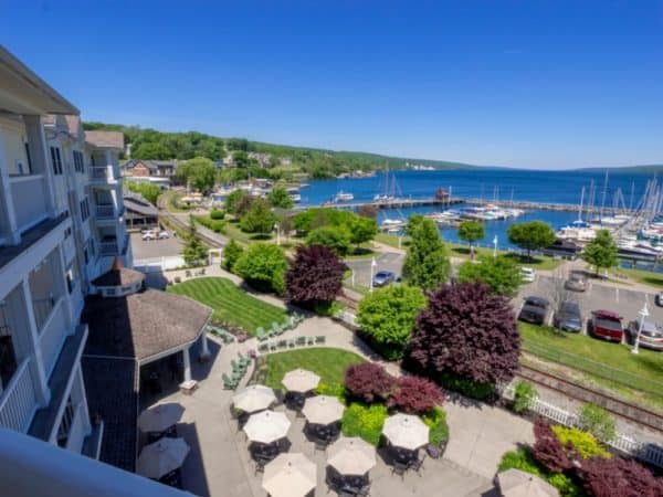 the watkins glen harbor hotel in the finger lakes has a gorgeous view of seneca lake.
