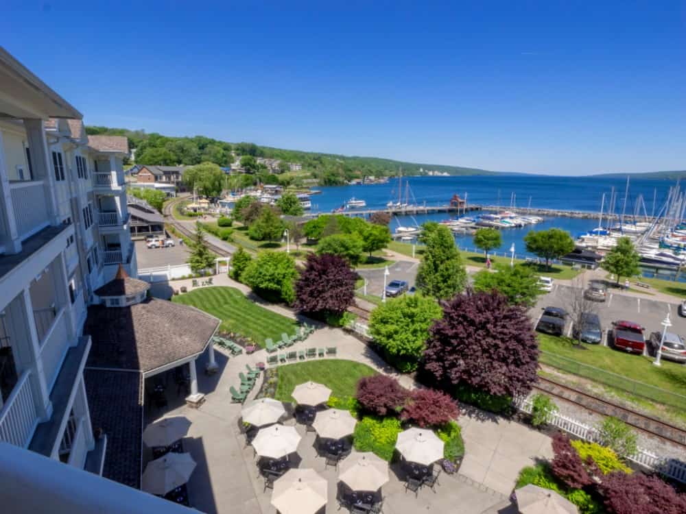 The watkins glen harbor hotel in the finger lakes has a gorgeous view of seneca lake.