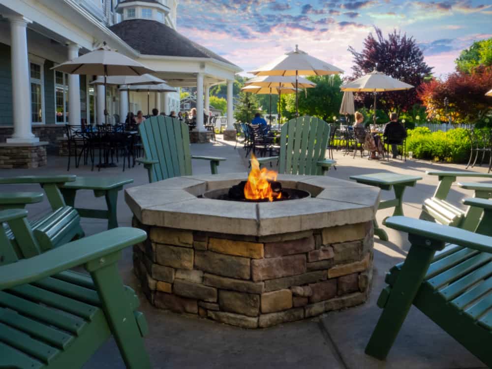 The harbor hotel's lake-facing patio in watkins glen is the idea place to relax with a glass of local wine or beer.