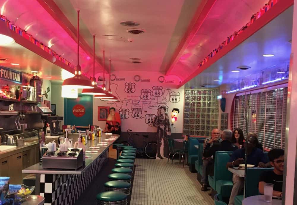 The classic counter and booths at the route 66 diner near the university of mexico