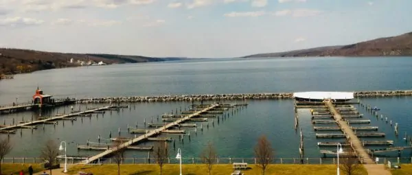 a view of the marina on seneca lake from the harbor hotel.