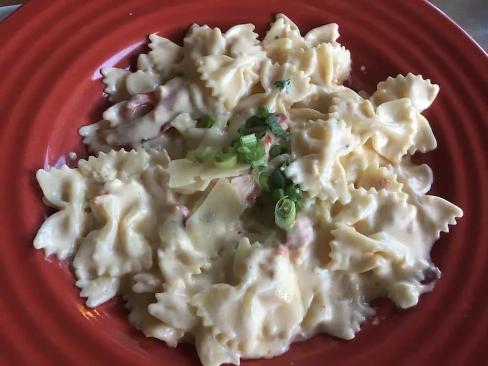 farfalle with lobster pieces and mascarpone cheese at the blue mingo on otsego lake.