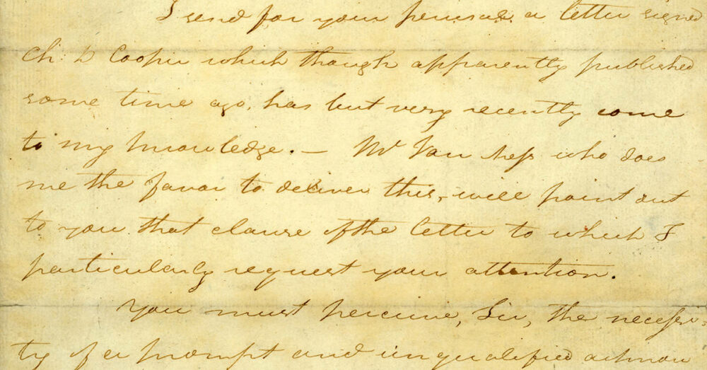 a detail of a letter written from aaron burr to alexander hamilton at the fenimore art museum in cooperstown.