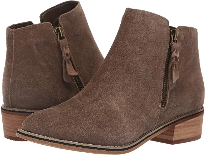 liam waterproof ankle boots by blondo come im soft taupe suede with wooden heels and a side zipper.