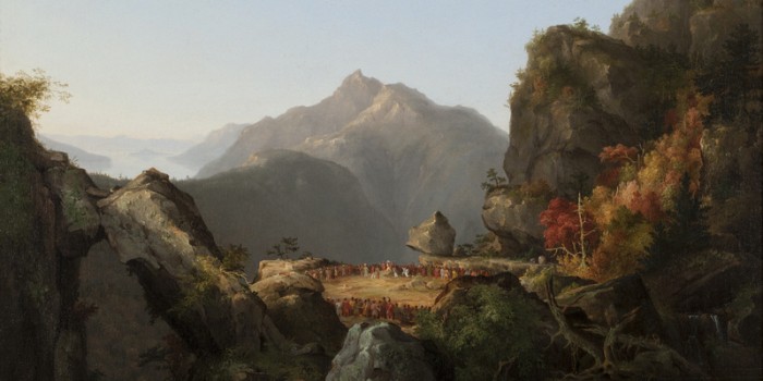 A painting of a bucolic scene in upstate new york from last of the mohicans in the cooper room at the fenimore art museum