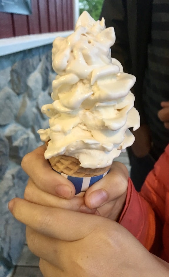 Vanilla ice cream on a cone with marshmallows and rice crispies at cooper's bar outside of cooperstown.