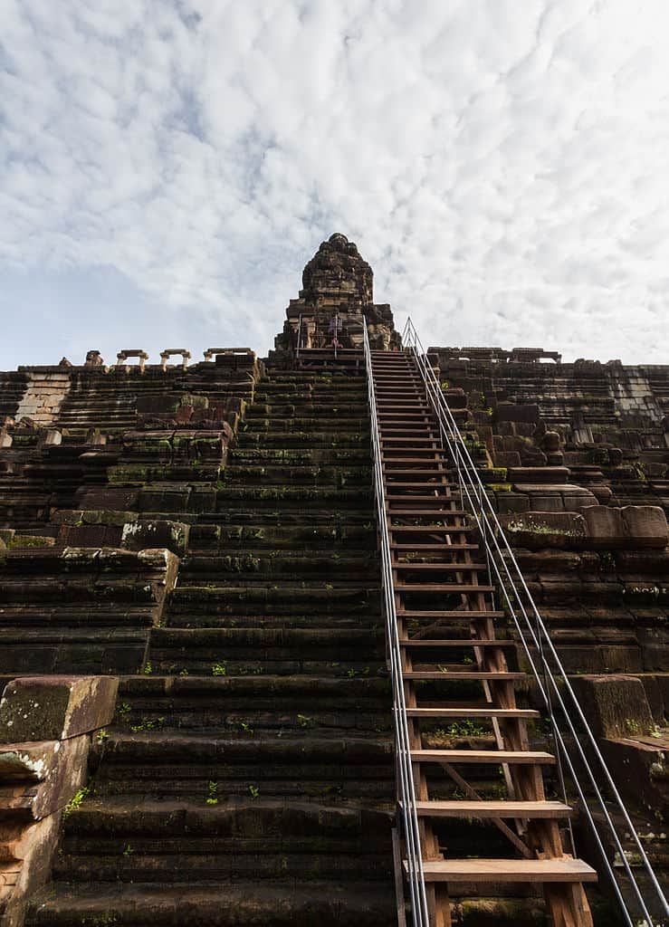 Steps make climbing the recenly restored baphuon temple at angkor slightly safer.