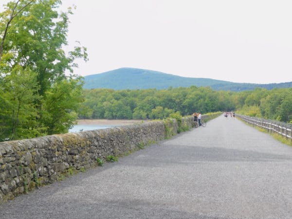 The ashokan reservoir and shawangunk mountains seen just beyong the ashokan rail trail new saugerties, ny.