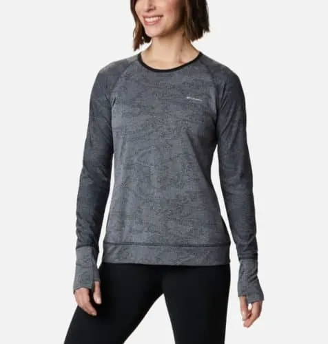 columbia's gray adventura shirt is a warm and stretchy base layer for fall hiking.