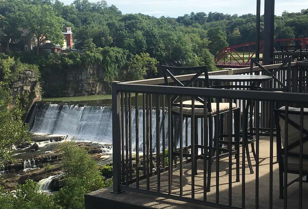 The esopus creek falls and saugerties bridge as seen from a room's balcony at the diamond mills hotel.
