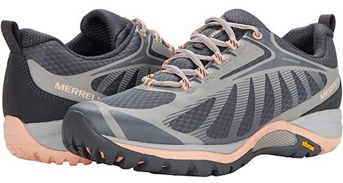 Merrell siren 3 is a waterproof fall hiking shoe and comes in feminine colors like light grey with peach trim.