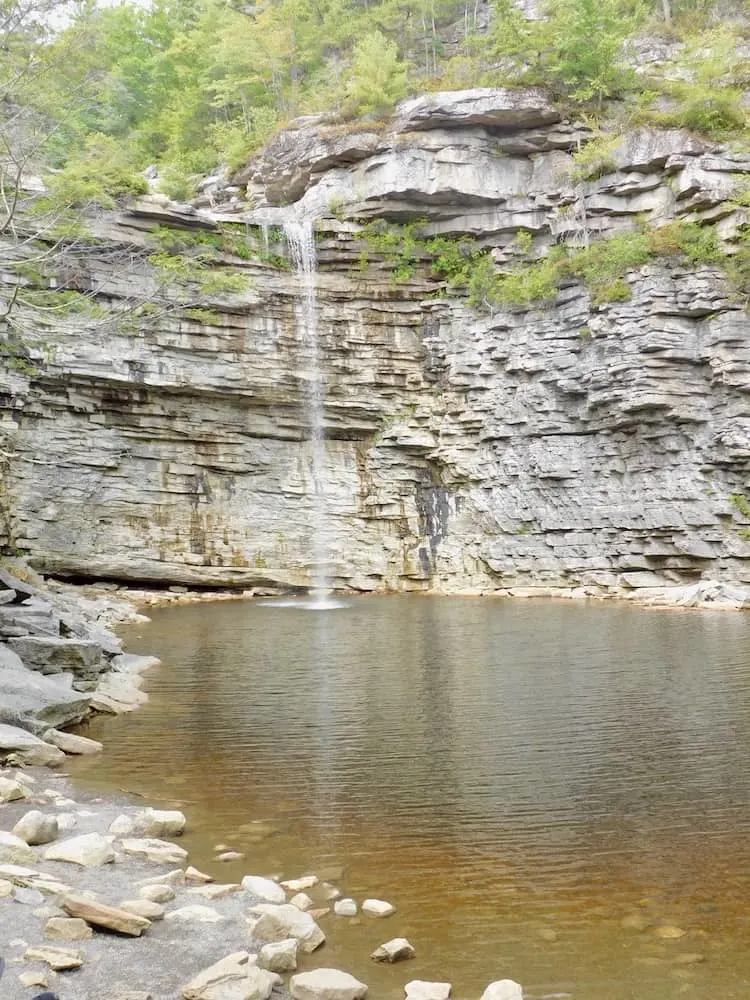 the skinny waterfall, pool and layers of rock for climbing around at minnewaska state park in ny.