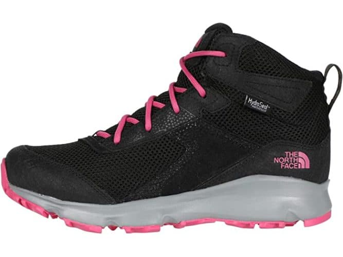 northface's hedhog hiker boot for girls has a sporty high-top sneaker look and bright pink laces.