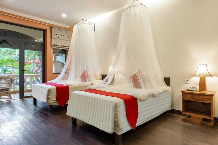 The beds in the family suite at the pavilion d'orient have mosquito netting for extra safety. And the rooms have balconies.