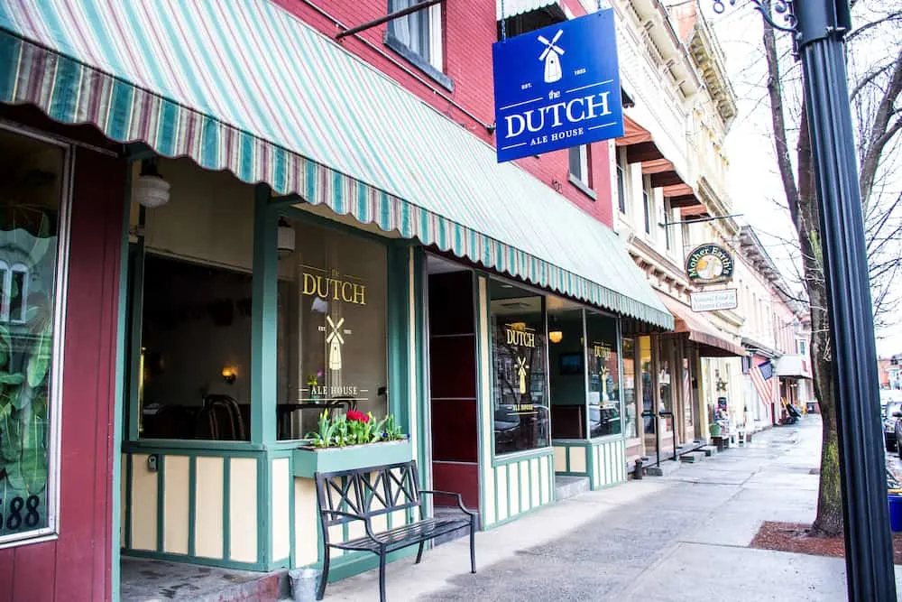 the dutch ale house is a popular storefront on saugerties' spiffy main street with turn-of-the-century buildings.