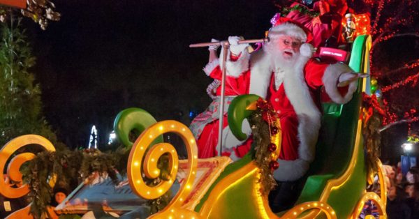 the christmas season parade at stone mountain near atlanta has a great santa on a huge illuminated sleigh.