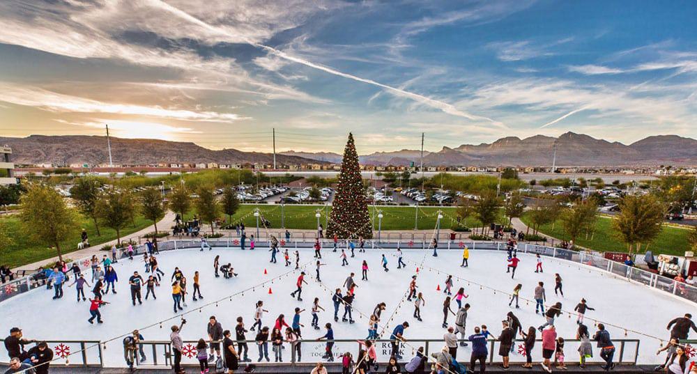 Ice skate in a desert valley with mountain views in summerlin, las vegas.