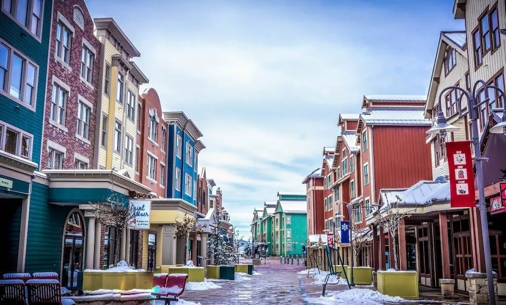 the colorful. low-rise, snowy streets of park city, utah.