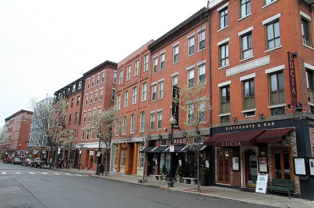 A street of restaurants and caffes in boston's  italian north end.