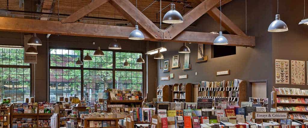 elliott bay books has timbered ceilings, big windows and a very large selection of books. 