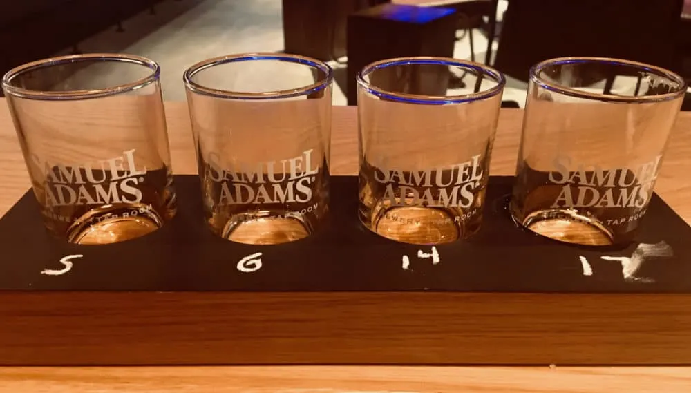 a flight of beers at the sam adams taproom
