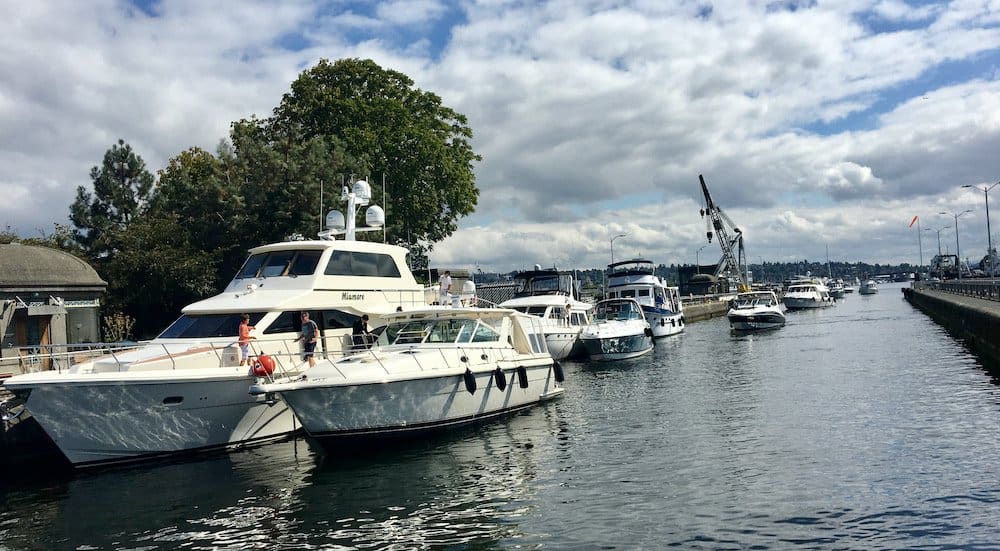 Boats in ballard locks that connect elliott bay to lake union