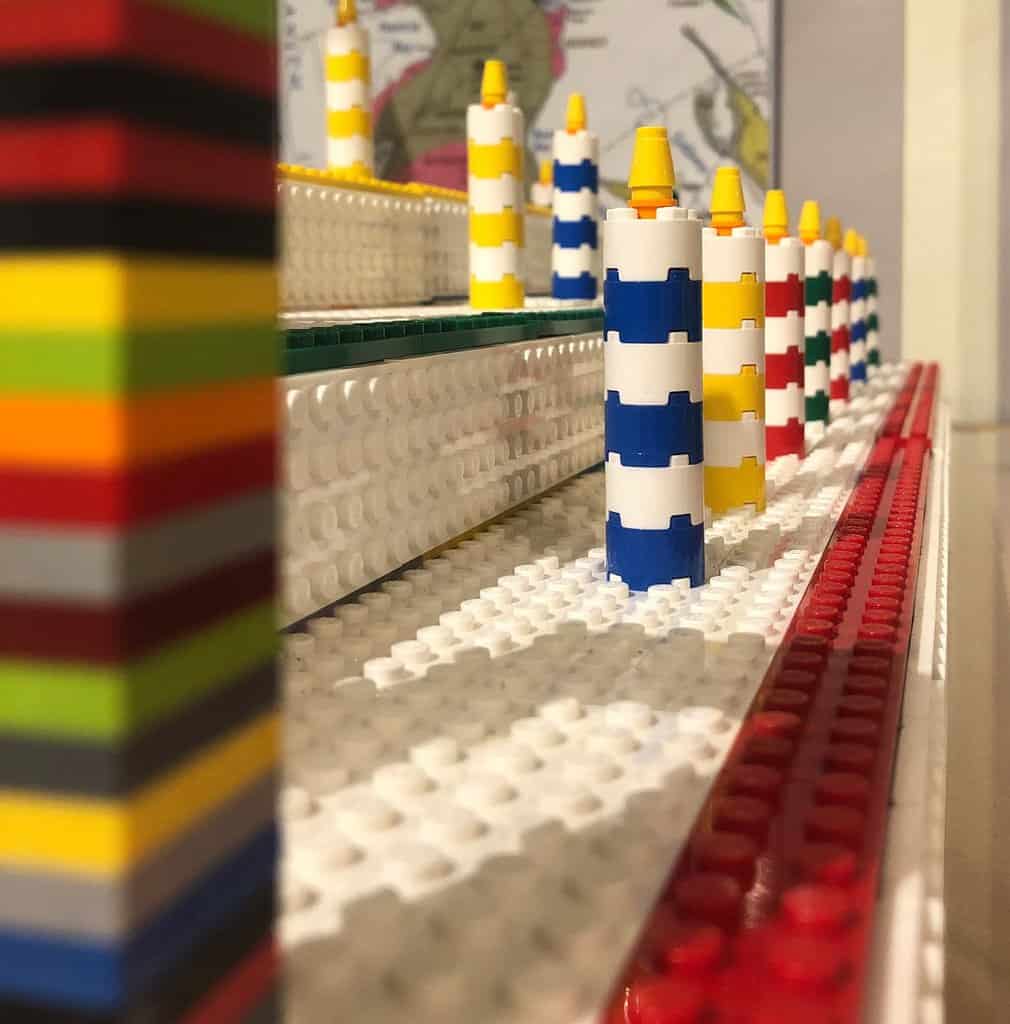 A giant lego birthday cake at the annual expo a the sidney museum in british columbia.