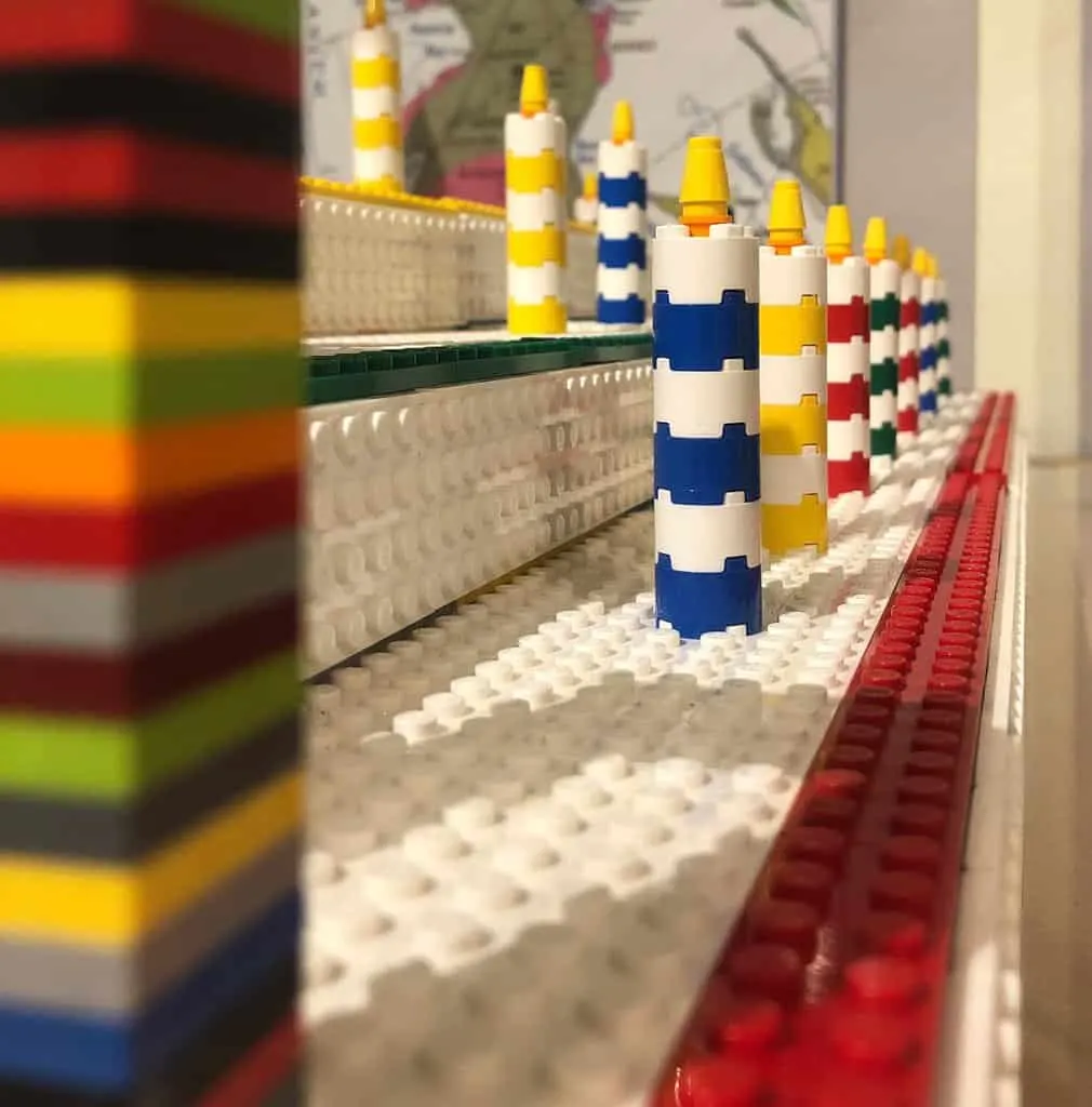 a giant lego birthday cake at the annual expo a the sidney museum in british columbia.