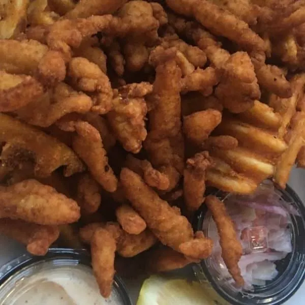 fried clams and waffle from from a hamptons-area clam shack.