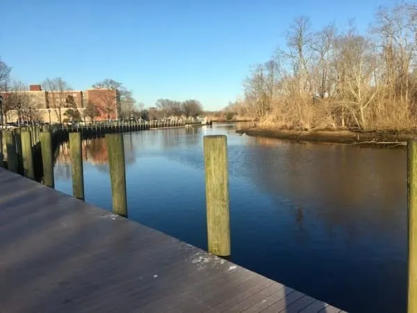 the peconic river winds its way along riverhead's riverwalk park.