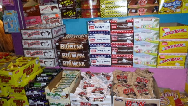 Boxes of candy bars at gandpa joe's, including regional favorites like skybar