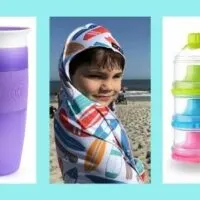 5 products, bottle, sippy cup, towel,snack tower and folded stroller-- that are handy for travel with babies and toddlers.